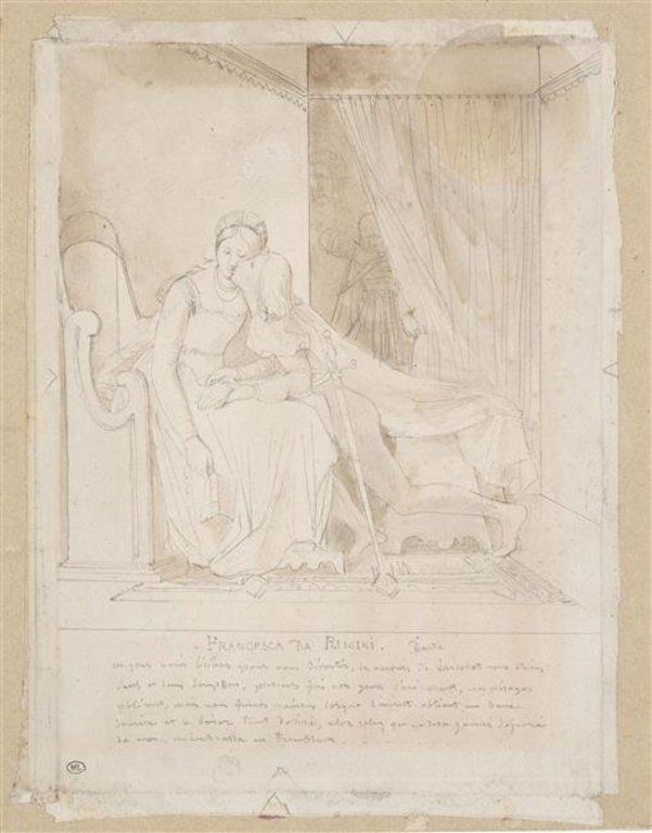 Ingres, Paolo and Francesca. Graphite and light brown wash, with handwritten text below. Musée du Louvre, RF 23328 recto. Dated around 1815 in the Louvre commentary; its chronology remains disputed.